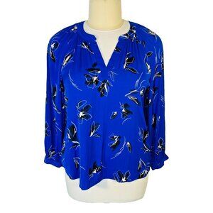 Nine West - Blouse Women's XXL Royal Blue Long Sleeve Abstract Doodle Floral